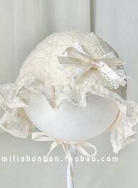 婴儿护囟门帽韩版春夏薄3-6个月女宝宝公主超仙宫廷蕾丝防晒帽子