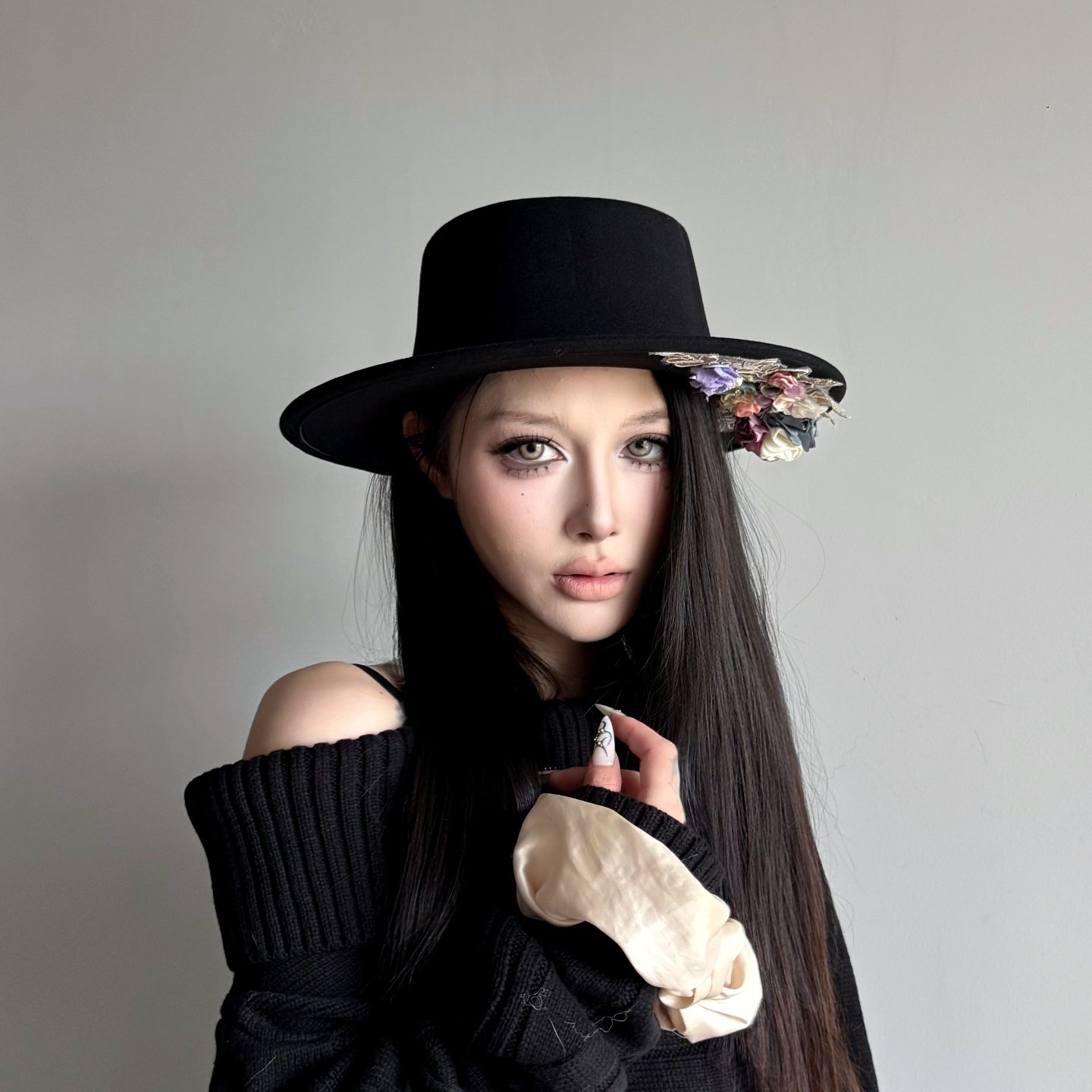 原创新中式国风蕾丝立体花朵仿毛呢大檐礼帽女秋冬天优雅平顶帽子