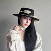 原创立体郁金香花朵仿毛呢平顶礼帽秋冬女小清新法式 复古大檐帽子