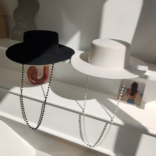 名媛风珍珠链条挂脖白色平顶羊毛呢帽子女秋冬时髦大檐礼帽潮 法式
