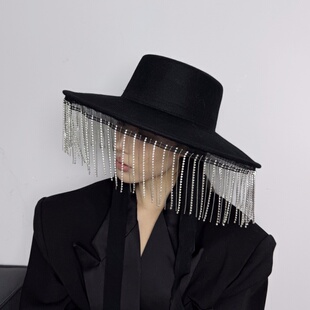 小众暗黑哥特风水钻流苏羊毛呢礼帽女走秀摄影遮脸大帽檐平顶帽子