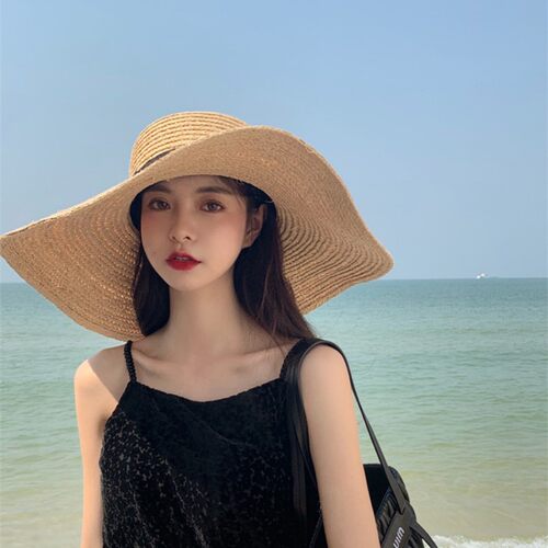 超大帽檐平顶拉菲草帽海边女夏天