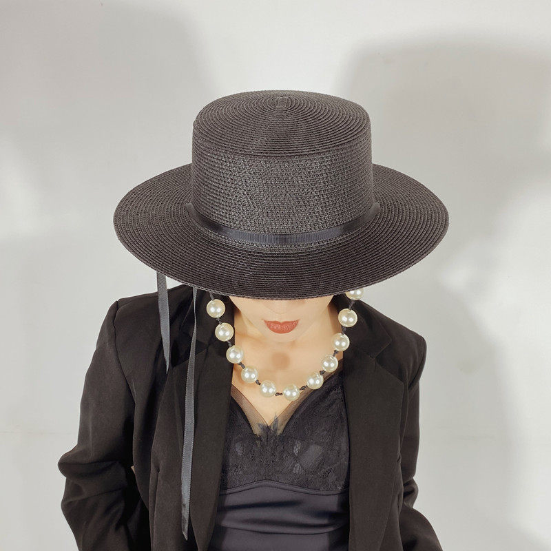 法式小香风格珍珠元素草编平顶礼帽女夏天遮阳名媛风百搭时尚草帽