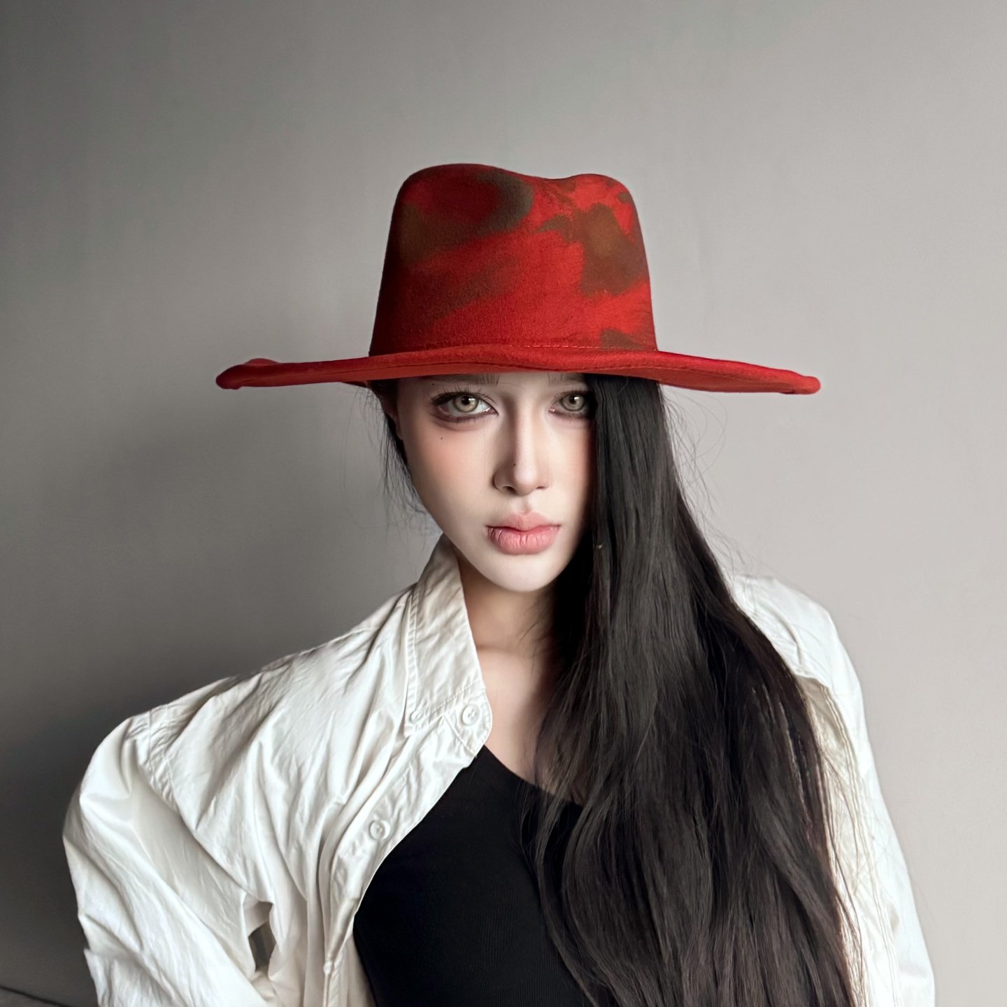 小众废土风亚文化做旧火烧仿毛呢爵士礼帽子女秋冬天橘红色牛仔帽