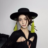 新中式 国风刺绣流苏吊坠仿毛呢礼帽女拍照走秀暗黑哥特风平顶帽子