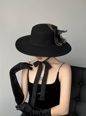 冷淡风手作干枯玫瑰黑色大帽檐毛呢礼帽系带网纱羊毛毡平顶帽子女