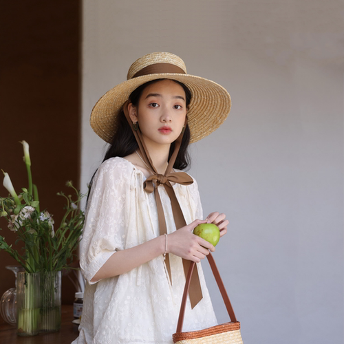 系带大帽檐麦秆草帽法式复古夏天