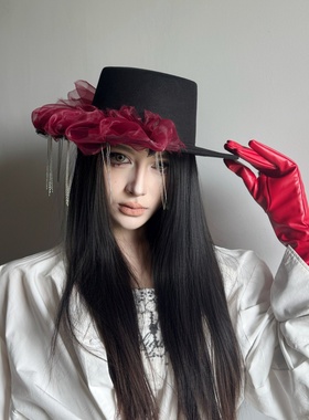 原创小众哥特风红色褶皱网纱流苏仿毛呢平顶礼帽女秋冬天走秀帽子