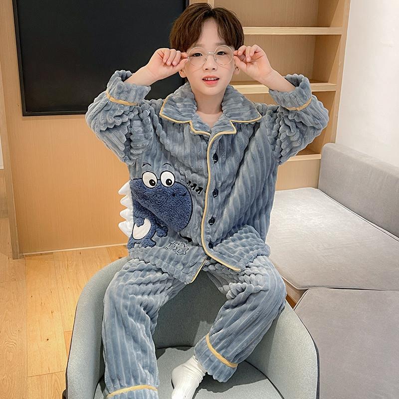 法国儿童睡衣2024新款男童秋冬季珊瑚绒加厚法兰绒大童春秋家居服