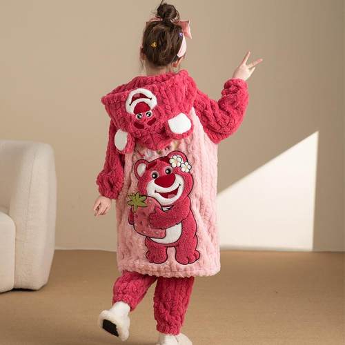 儿童睡衣女童2024秋冬季珊瑚绒睡袍长款加厚款法兰绒中大童家居服