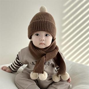 宝宝帽子围巾秋冬季婴儿两件套装保暖针织帽0-1-2到3岁儿童毛线帽