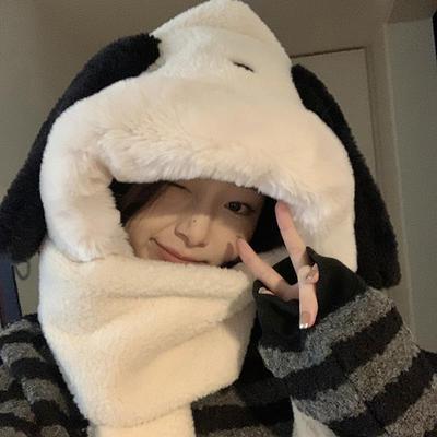 可爱帕恰小狗卡通毛绒连围脖女款冬季保暖手套帽子围巾一体三件套