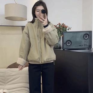 短款立领双拉链羊羔毛内里派克服棉服女秋冬装新款小个子宽松外套