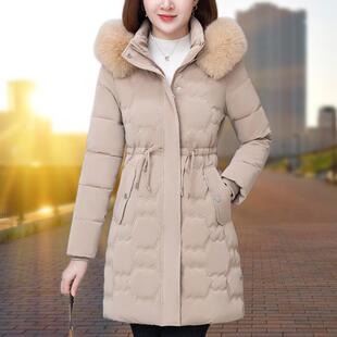 羽绒棉服女中长款冬季新款带毛领加厚妈妈外套保暖收腰小个子棉衣