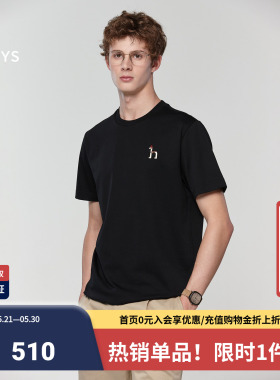 【100%棉】Hazzys哈吉斯夏季正品男装简约休闲体恤黑色短袖T恤男
