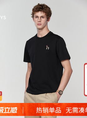 【100%棉】Hazzys哈吉斯夏季正品男装简约休闲体恤黑色短袖T恤男