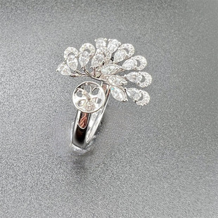 18k金孔雀开屏款莫桑钻珍珠戒指空托 厚金版活口式珍珠戒指配件