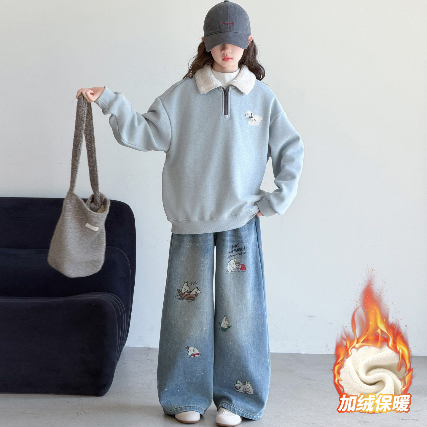 女童秋冬加绒卫衣套装2026新款冬韩系polo领女孩加厚牛仔裤两件套
