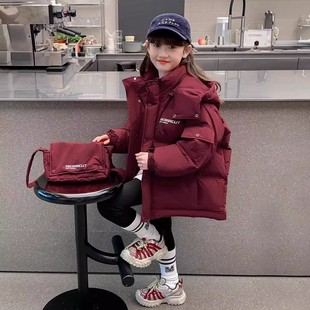 女童冬季加厚连帽棉服2025新款洋气冬保暖棉衣女孩红色棉袄拜年服