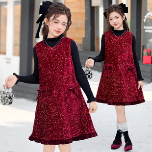 女童冬季 洋气内搭小女孩年服裙两件套 加绒新年背心连衣裙2025新款