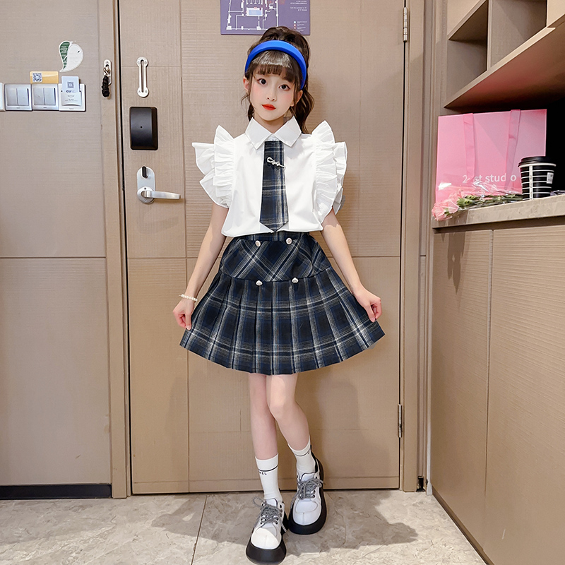 女大童连衣裙夏装2023新款洋气短袖学院风制服女孩jk百褶裙两件套