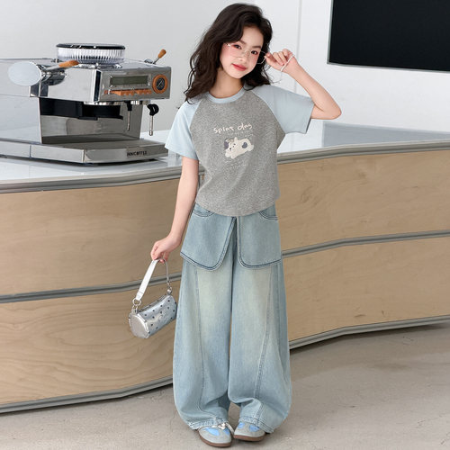 女童夏季短袖t恤牛仔裤两件套