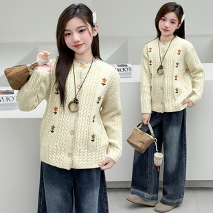 女童春装毛衣外套2026新款洋气春秋儿童装针织开衫女孩初中生上衣