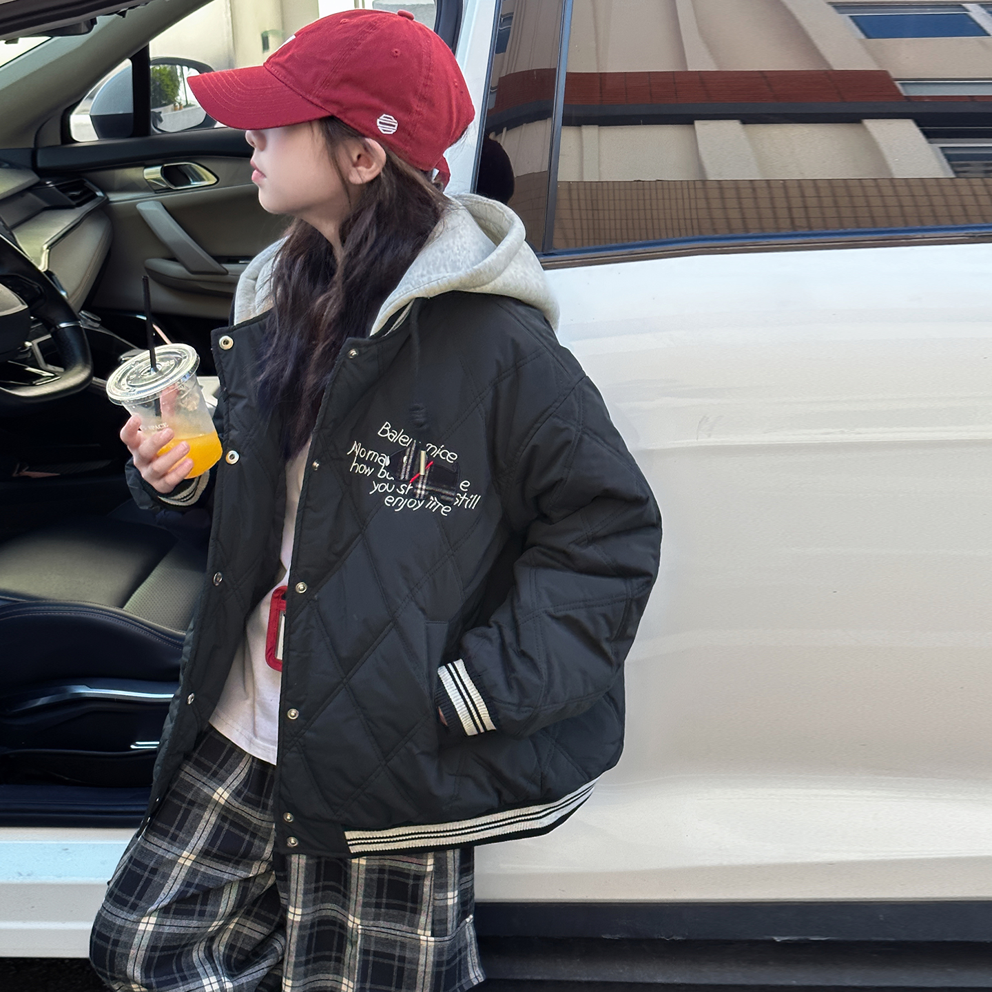 女童秋冬夹棉加厚棒球服连帽外套