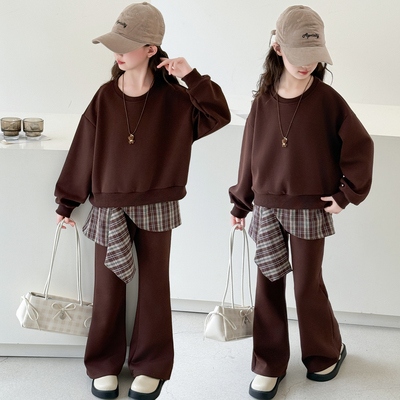 女童秋装休闲卫衣屁帘喇叭裤套装