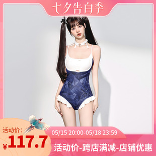 复古辣妹性感度假连体小众游泳衣女 少年齐原创 撞色牛仔色美式