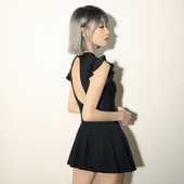 高领禁欲系显瘦大露背微性感裙式 少年齐 黑色飞袖 连体温泉女泳衣