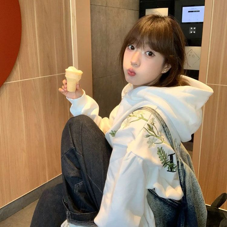 美式刺绣花卉帽衫卫衣女大童春秋冬潮牌高级感外套宽松初高中上衣