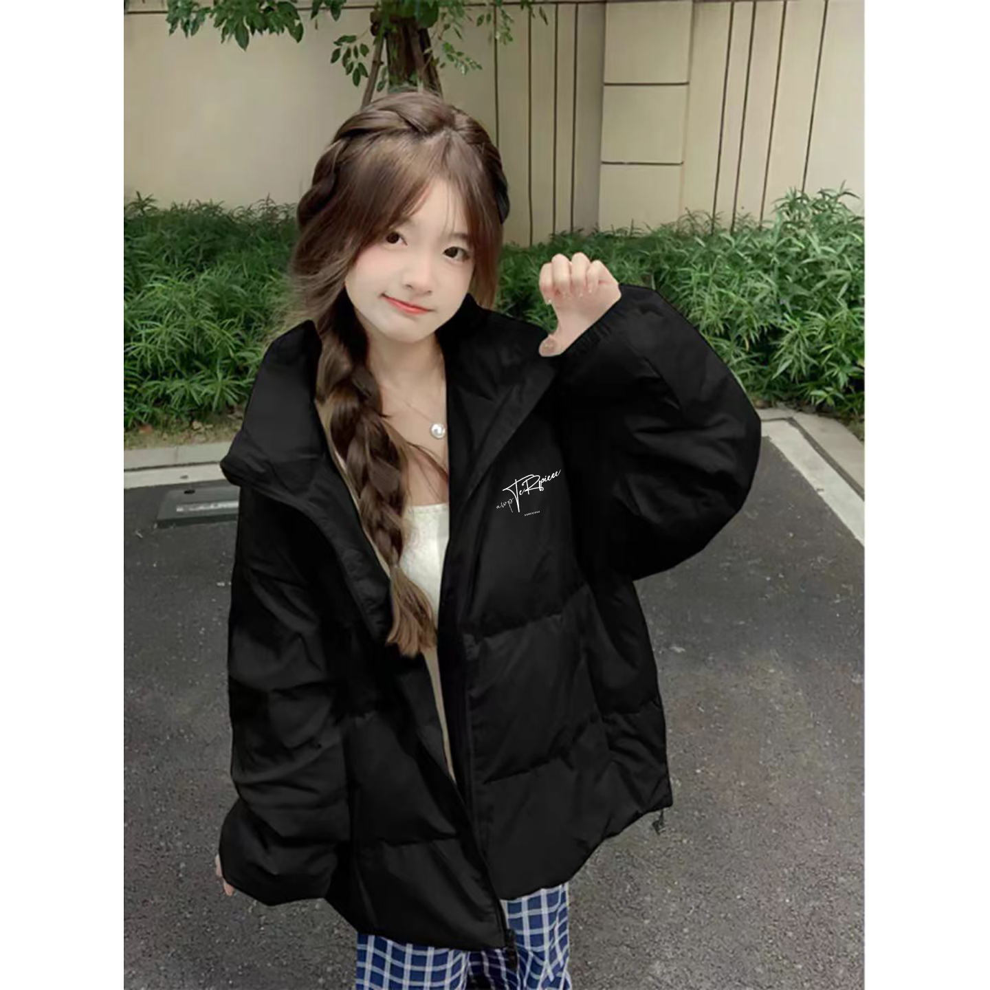 美式黑色棉袄羽绒棉服女大童冬季加厚保暖初中高中学生宽松面包服