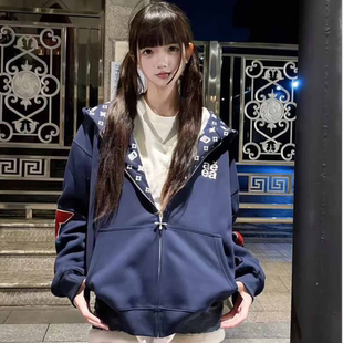 美式刺绣开衫连帽长袖卫衣女大童秋冬季初中高中学生拉链加绒外套