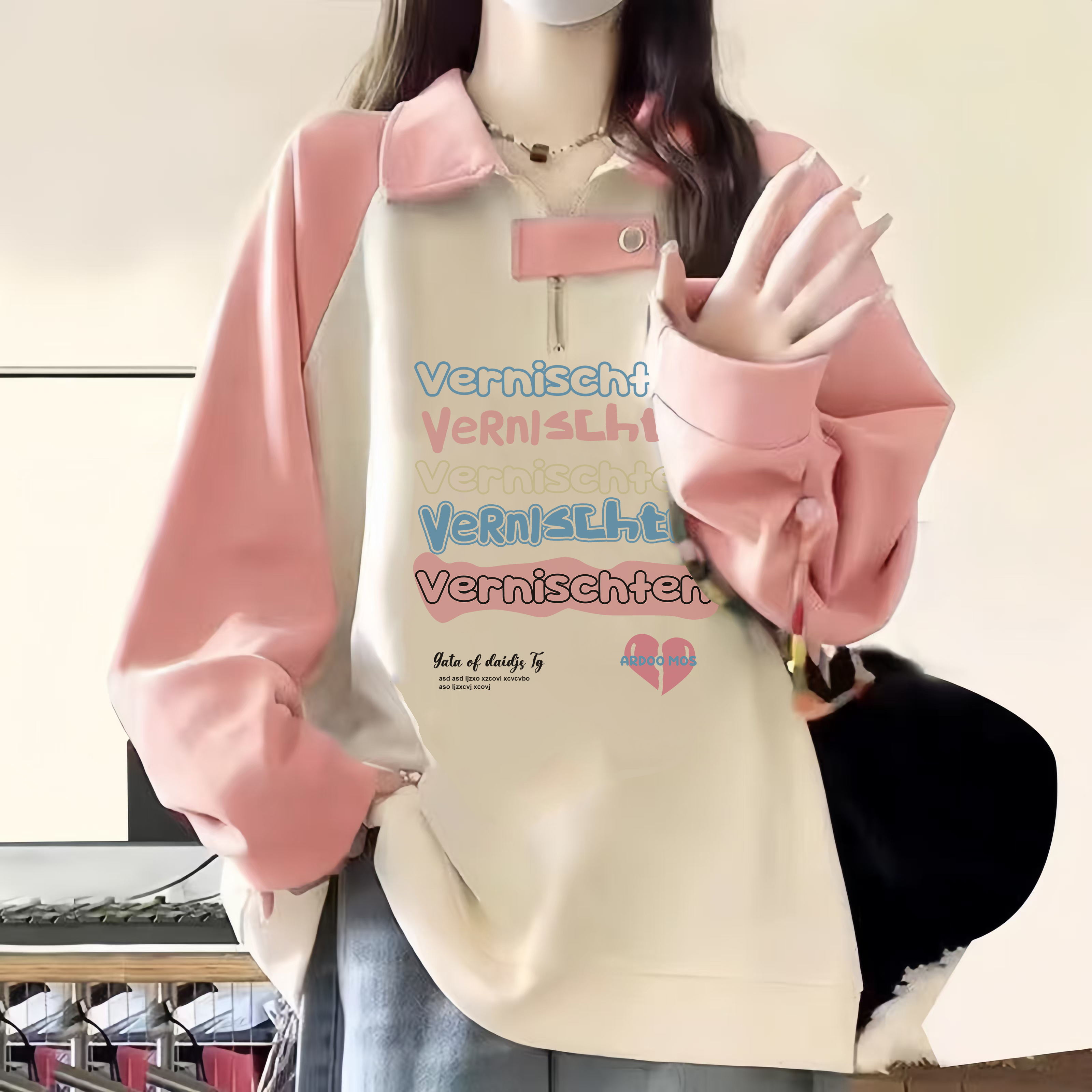 粉色polo领半拉链卫衣少女大童春秋初高中学生多巴胺字母宽松上衣