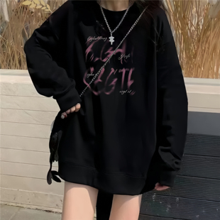 初中高中学生oversiz上衣 潮牌复古黑色圆领卫衣少女大童秋冬爆款