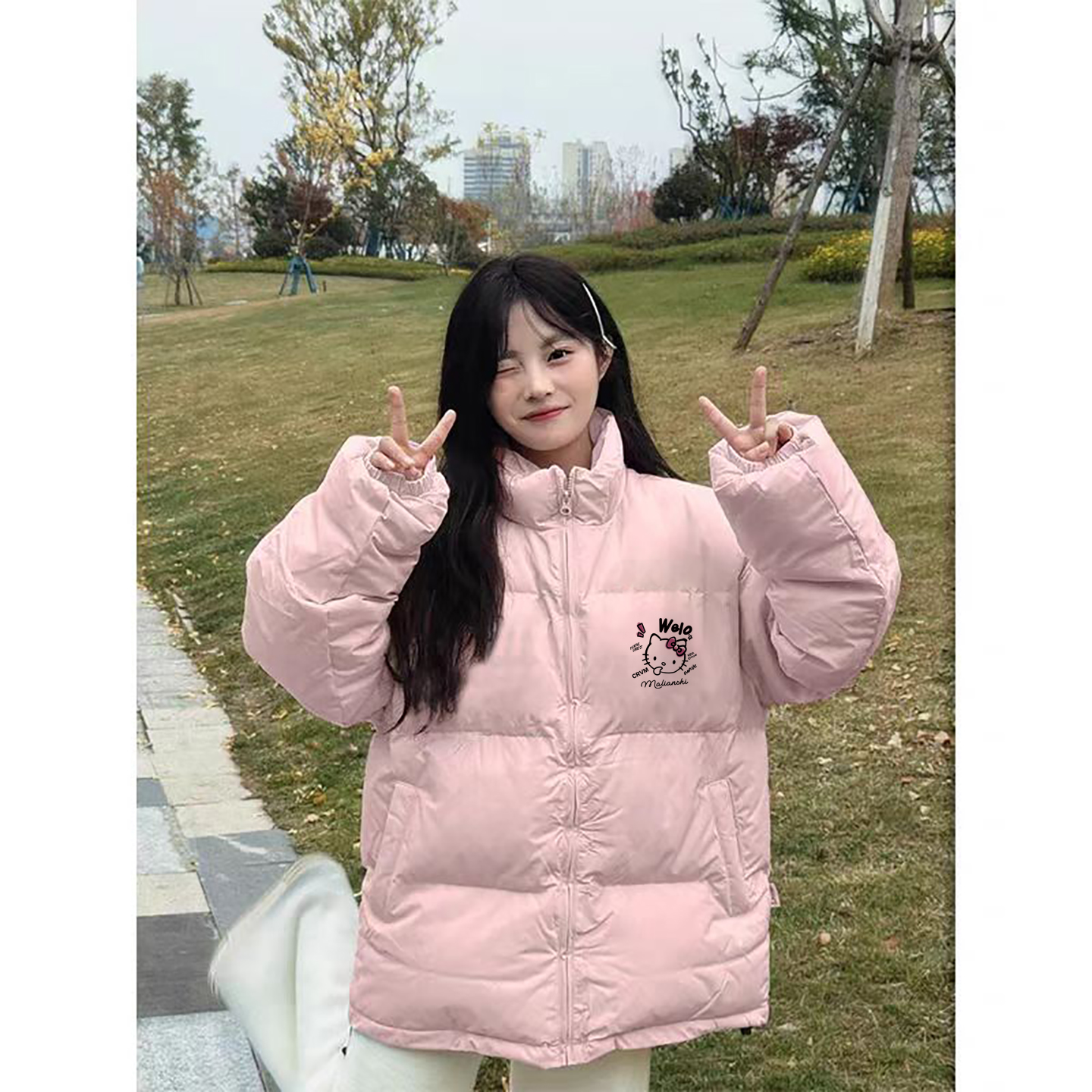 粉色可爱个性羽绒棉服女大童冬小个子初高中学生加厚保暖宽松外套