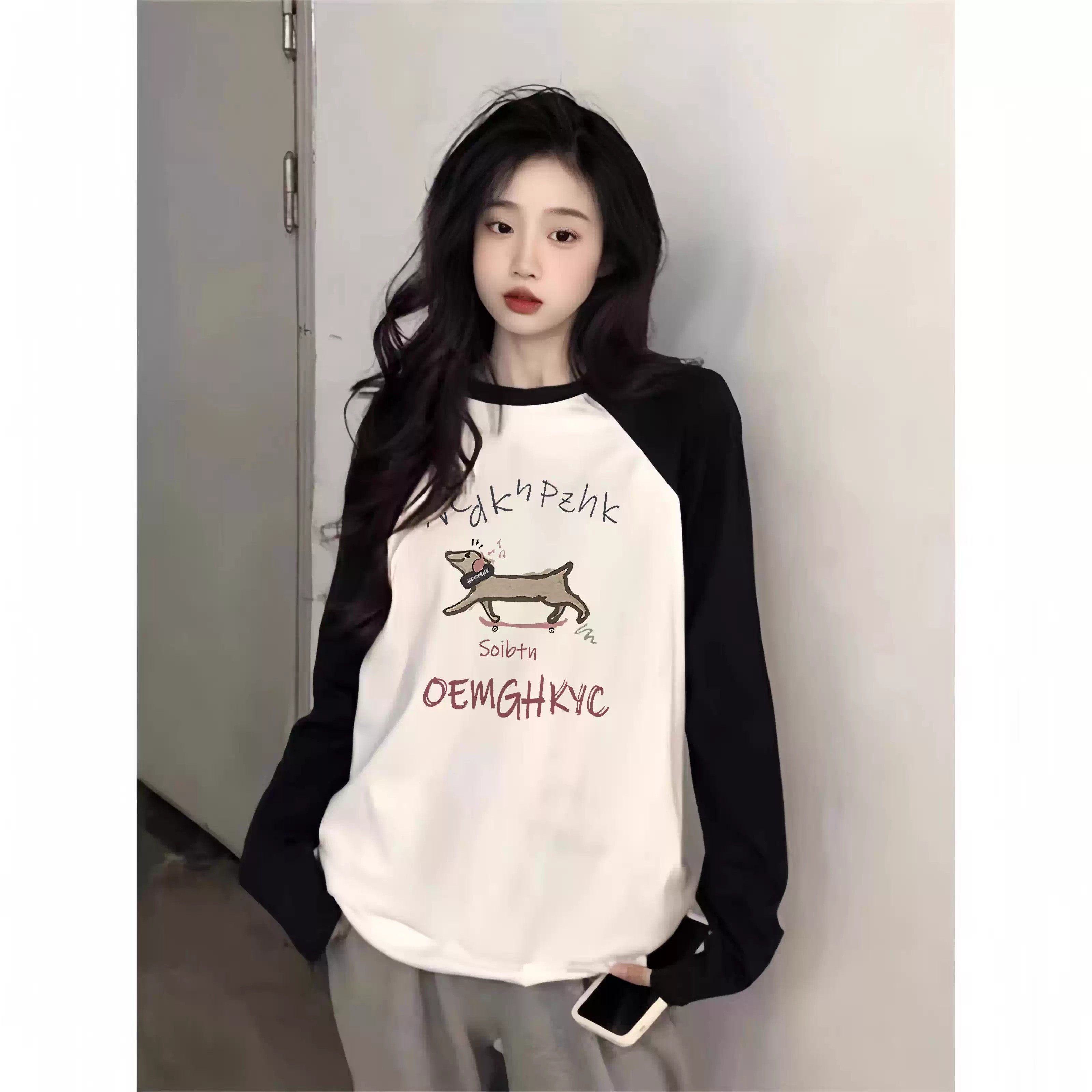 纯棉撞色插肩长袖T恤女大童早秋薄款初中高中学生宽松打底衫上衣,女装/女士精品,T恤,淘宝优惠券,粉丝福利购,淘宝优惠卷