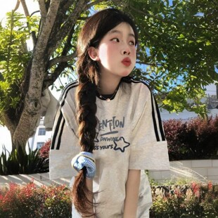 灰色纯棉三条杠短袖t恤女大童夏季新款初中高中学生美式宽松上衣