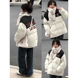 美式撞色印花棉衣面包服女大童冬初高中学生oversize棉服棉袄外套