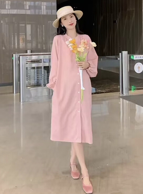 孕妇春装连衣裙2023新款韩版气质v领绑带可哺乳中长款潮妈衬衫裙