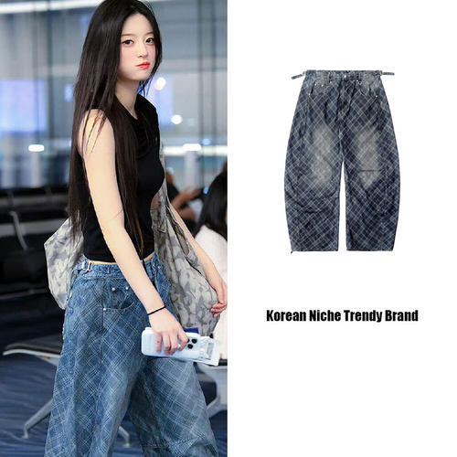 MINJU朴敏同款格纹休闲裤