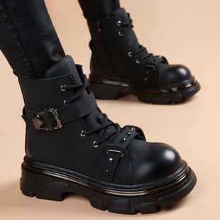 马丁靴男款2025新款冬季厚底磨砂真皮男靴英伦风中高帮黑色皮靴子
