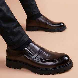 真皮厚底内增高德比鞋 冬季 男一脚蹬套脚软皮高档商务男鞋 休闲皮鞋