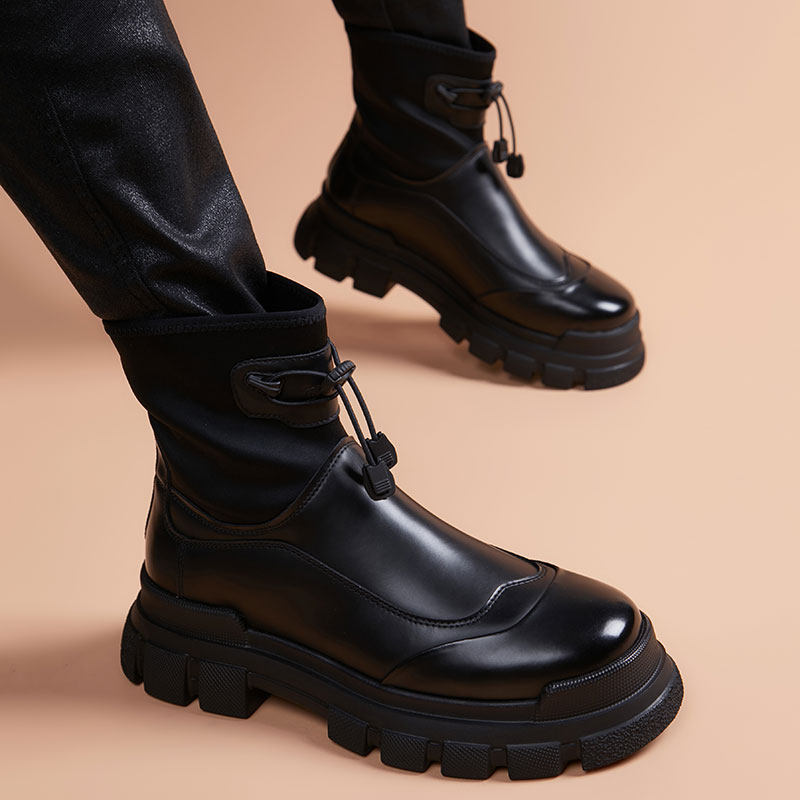 马丁靴男款一脚蹬软底休闲皮靴百搭厚底增高套脚工装靴真皮男靴子