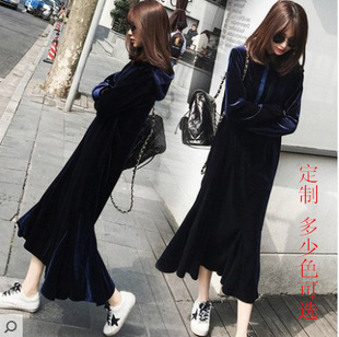 2023春秋金丝绒连衣裙女过膝宽松大码带帽卫衣荷叶边中长款鱼尾裙