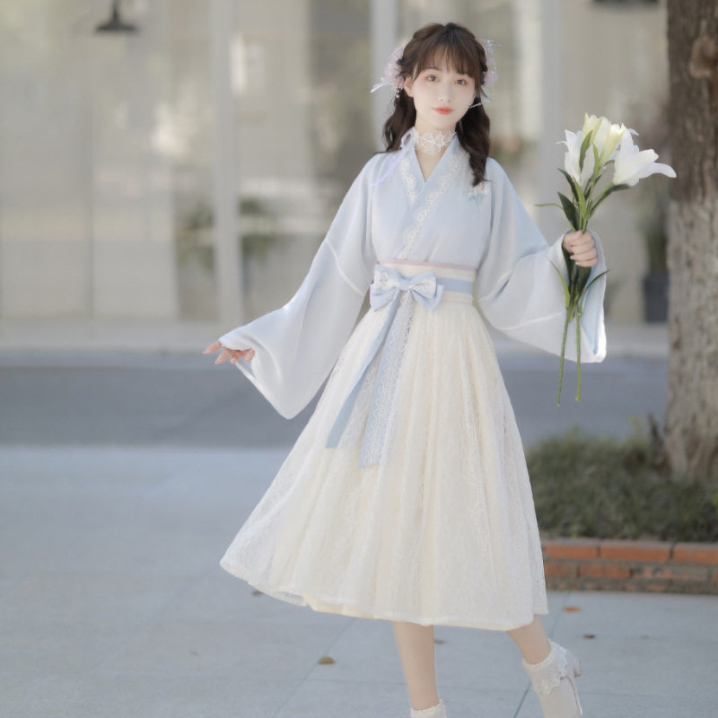 原创朝暮汉服女汉元素中国风粉色甜美少女心交领连衣裙日常春秋款