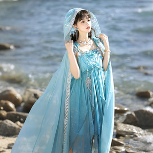 海灵蓝色人鱼姬lolita甜美少女jsk吊带连衣裙披风超仙不规则裙摆