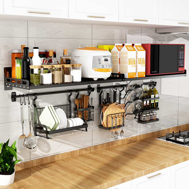 不锈钢厨房壁挂墙上免q打孔置物架微波炉烤箱挂件收纳支架子碗碟