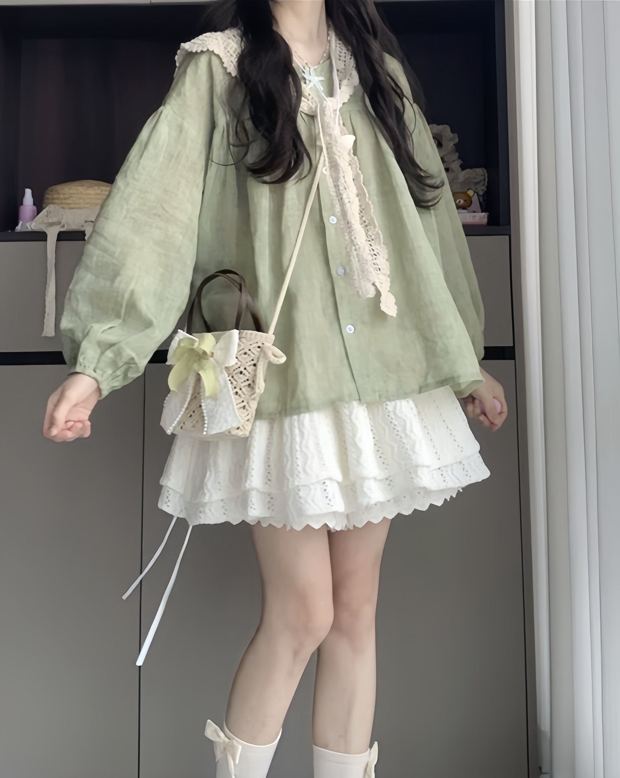 thumbnail for Japanese Girl Small Fresh Green Long Sleeve Shirt Women's Spring Summer 2025 with College Style Skirt Two-Piece Set